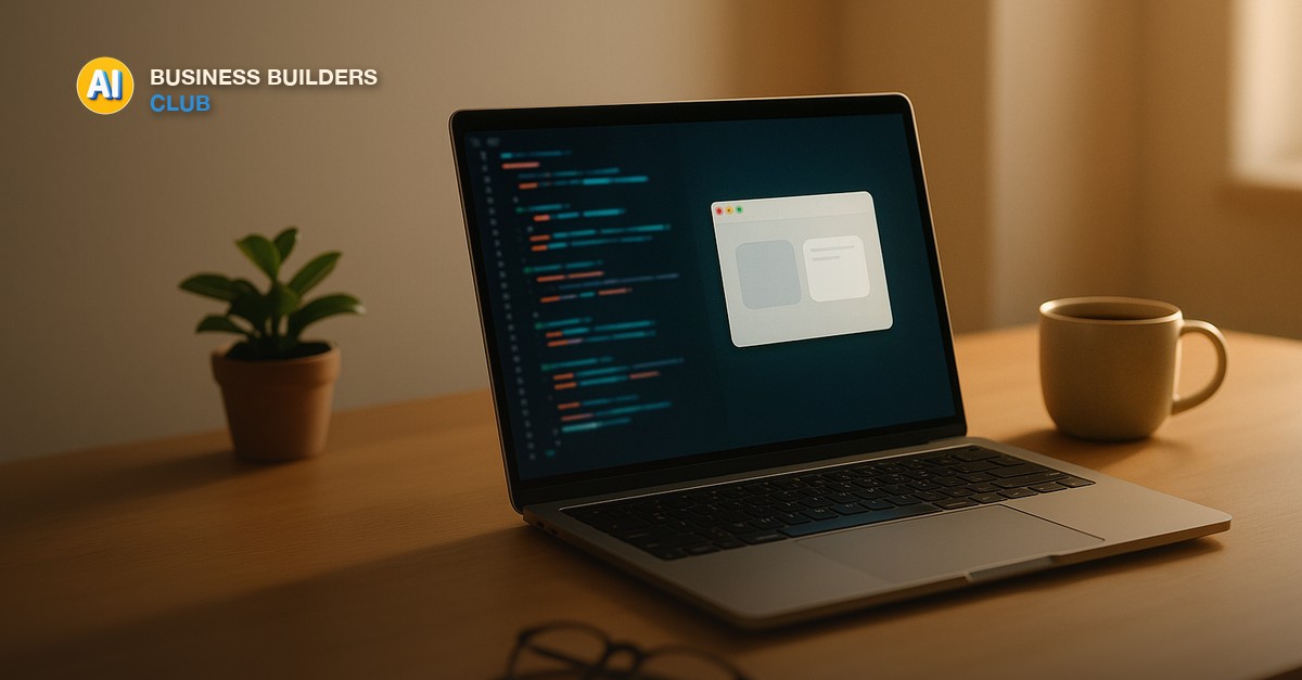 A laptop showing a glowing code editor and a friendly desktop app window beside a small potted plant, a coffee cup, and reading glasses on a warm wooden desk under morning light - AI Tools and Training Club