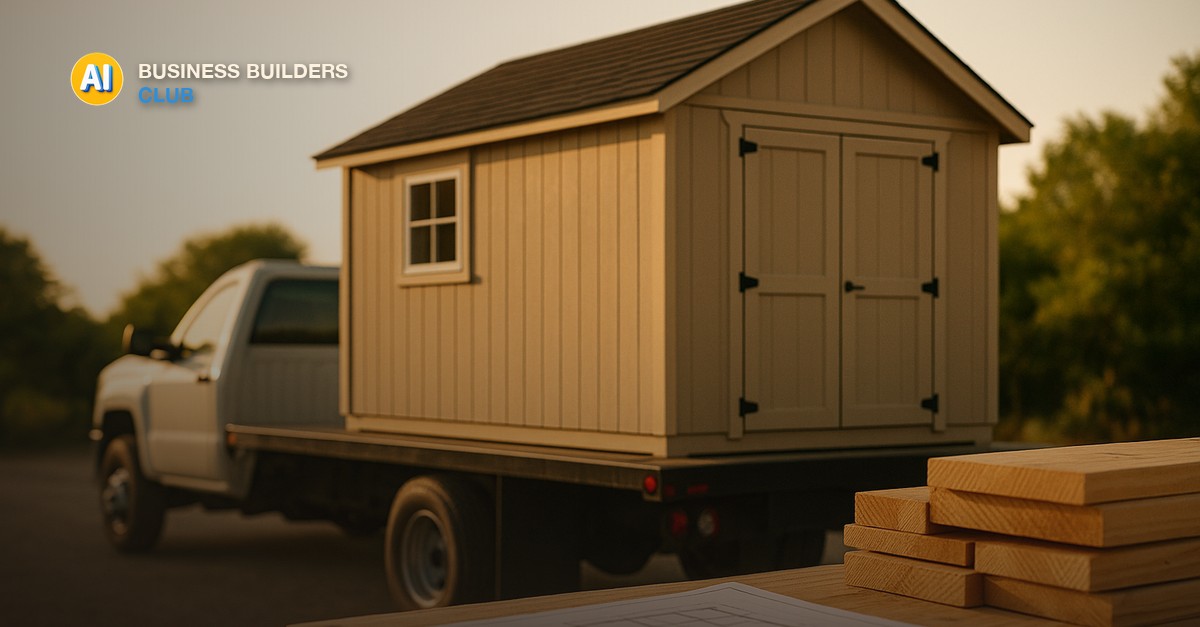 A fully assembled prefabricated garden shed sitting on a flatbed truck beside a stack of raw lumber and a folded blueprint on a nearby workbench, warm late-afternoon light