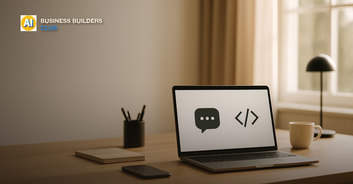 A laptop on a plain desk with a simple chat window open beside a code editor window, soft daylight