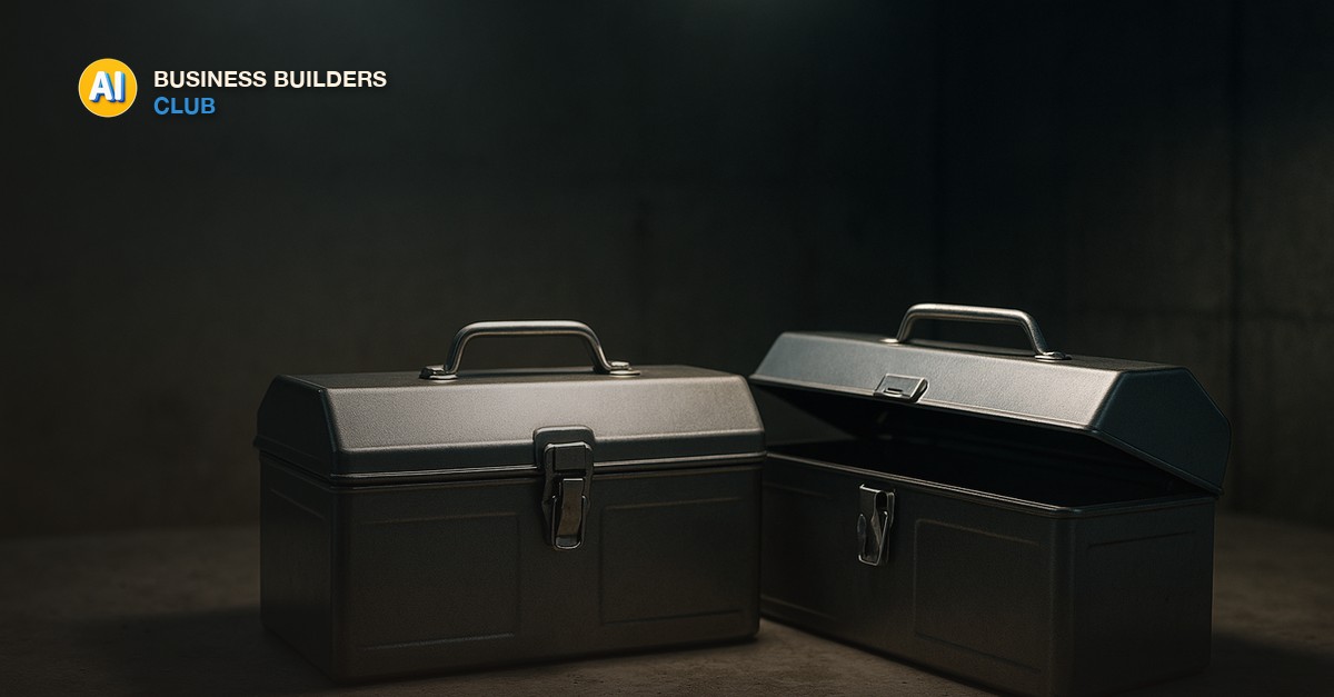 Two closed identical toolboxes sitting side by side on a concrete workbench, one latched shut and one with its lid propped slightly open, cool overhead light