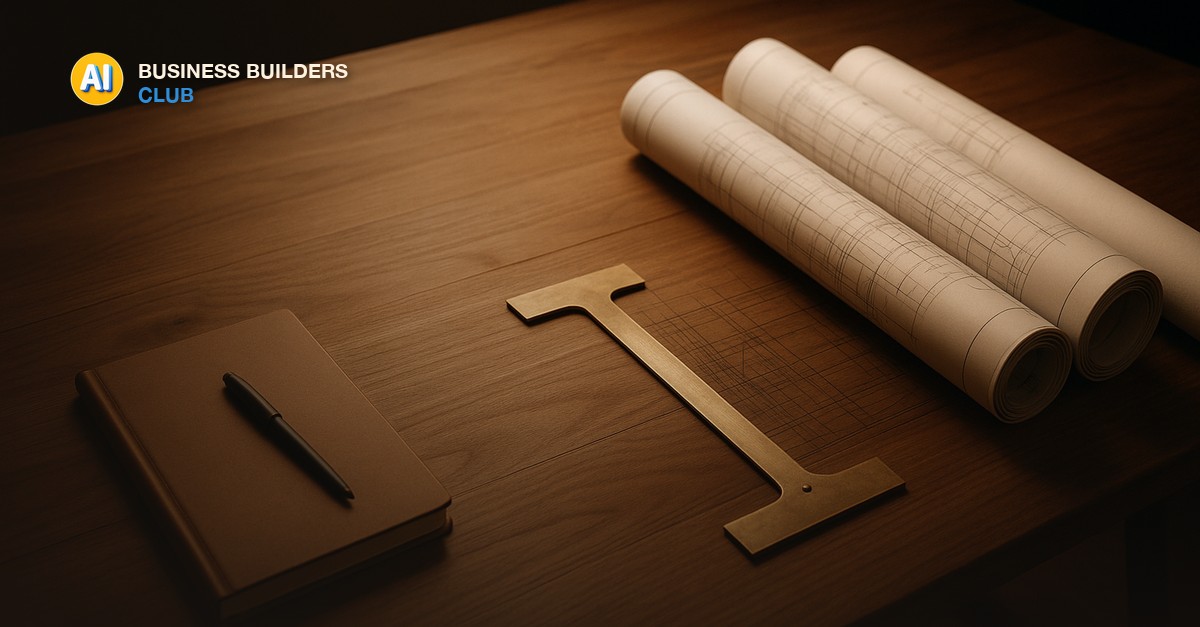 A wooden architect's drafting table with rolled blueprints and a brass T-square laid out precisely beside a plain closed notebook and a single pen, warm studio light