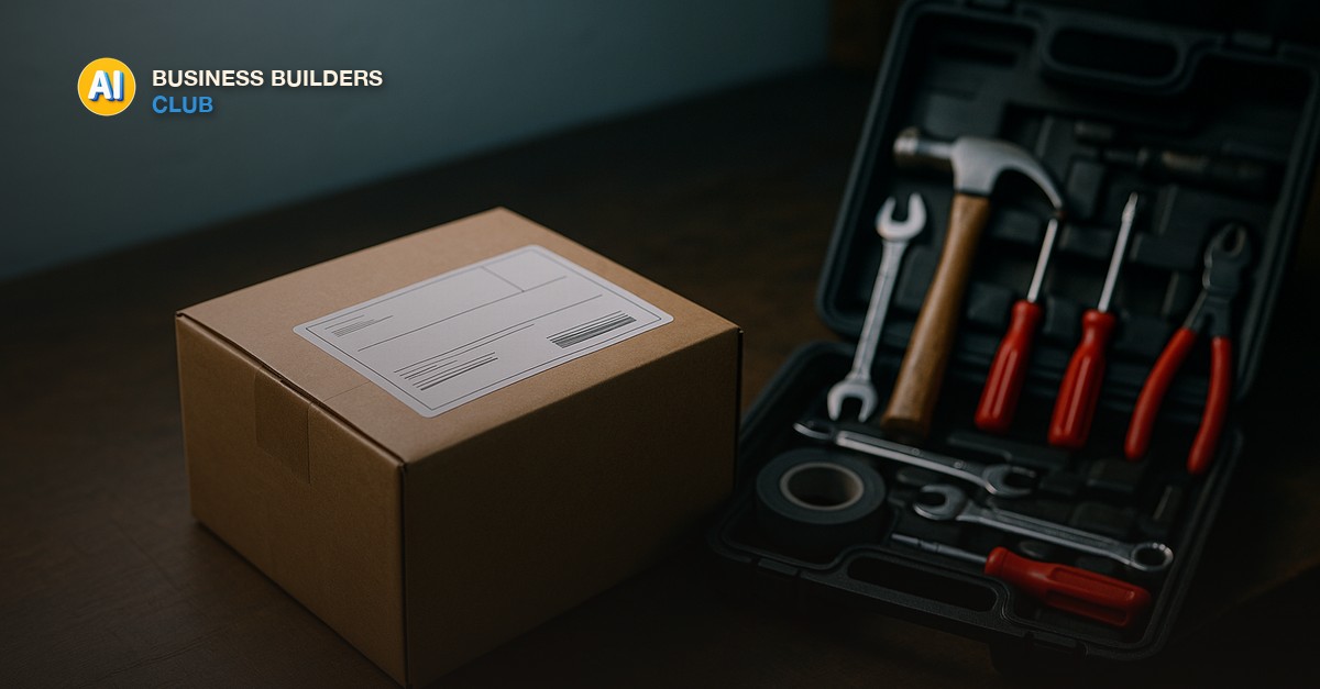 A sealed cardboard package with a shipping label sitting on a workbench beside an open toolbox with tools laid out for hands-on use, cool workshop light, editorial still life photography