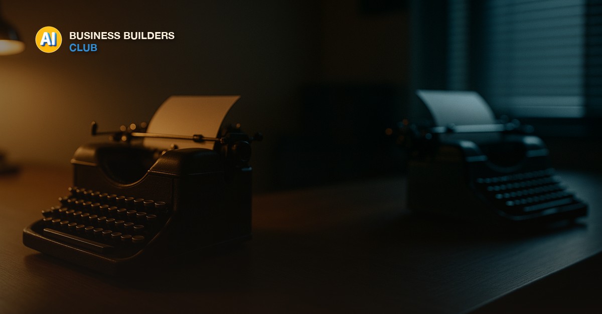 Two vintage typewriters facing each other across a long wooden desk, one lit warm and one lit cool, in a moody office
