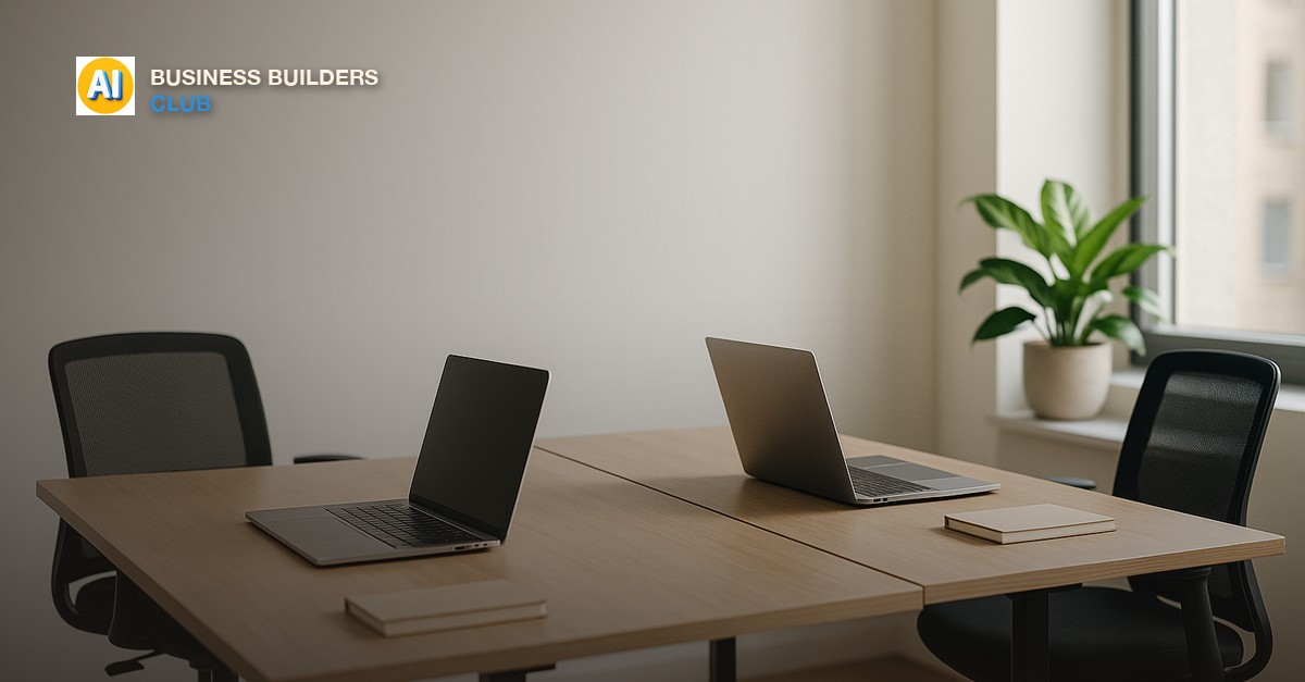Two desks facing each other in a small modern office with laptops open and natural window light