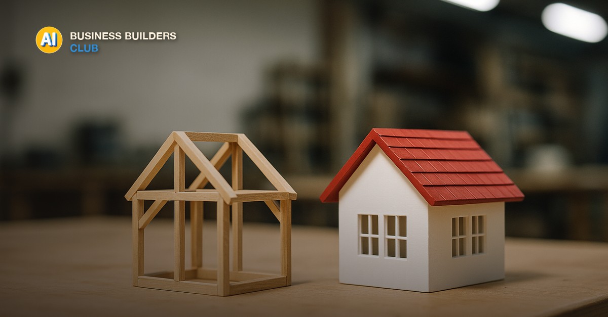 Two identical model house frames on a workshop table, one built from raw timber and one already painted and roofed, under bright overhead light