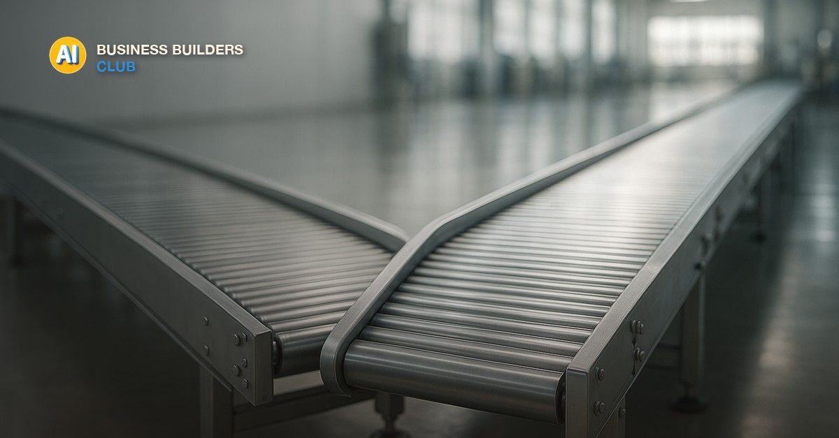 Two clean conveyor belts converging on a polished factory floor in brushed steel and soft industrial daylight