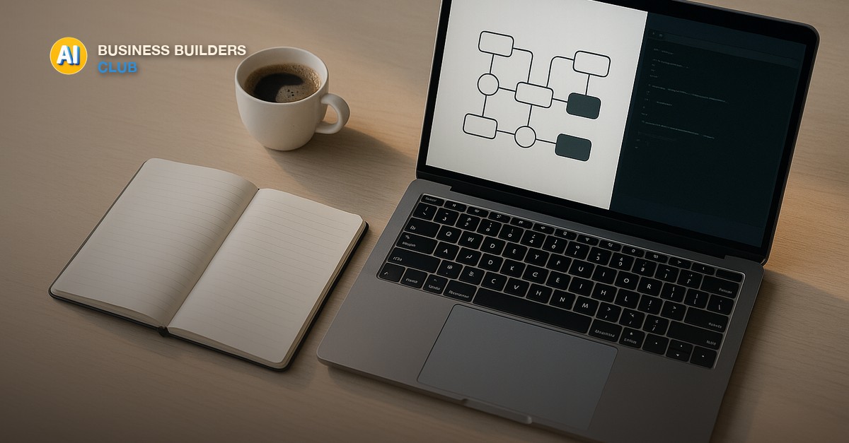 A tidy desk with a laptop showing a node-and-wire workflow diagram beside a separate glowing terminal window, a notebook, and morning light - AI Tools and Training Club