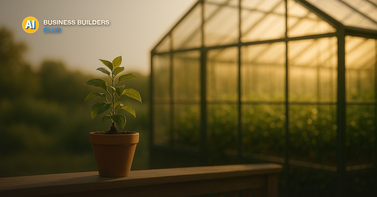A single potted plant on a sunlit wooden porch rail next to a glass greenhouse with rows of plants growing inside, golden hour light