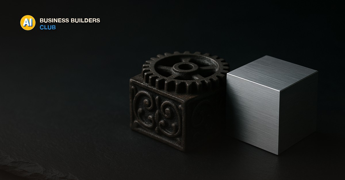 An ornate cast-iron gear beside a clean machined aluminum cube on a slate surface, moody directional studio lighting, macro still life photography - AI Tools and Training Club