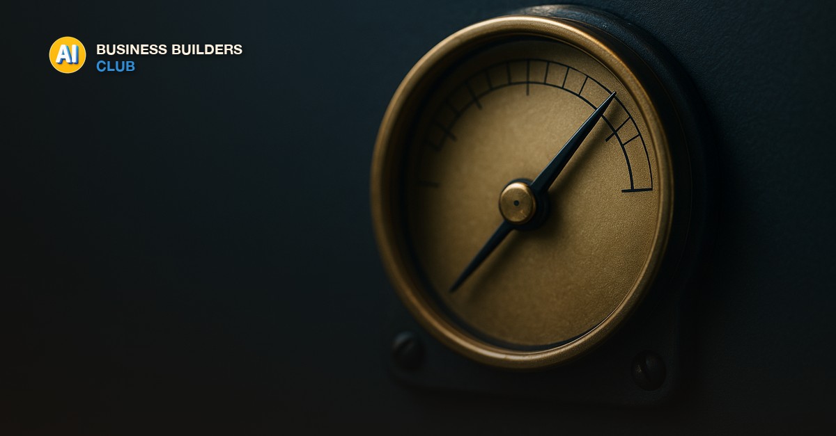 A single brass gauge dial mounted on a dark matte control panel, the needle swung fully into the upper zone, cool blue accent lighting, macro still life photography