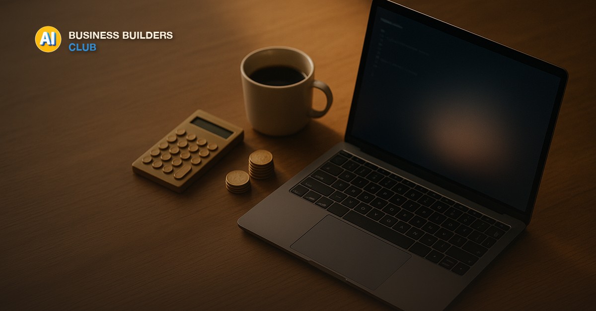 A laptop showing a glowing terminal beside a small brass calculator, stacked coins, and a coffee cup on a warm wooden desk - AI Tools and Training Club