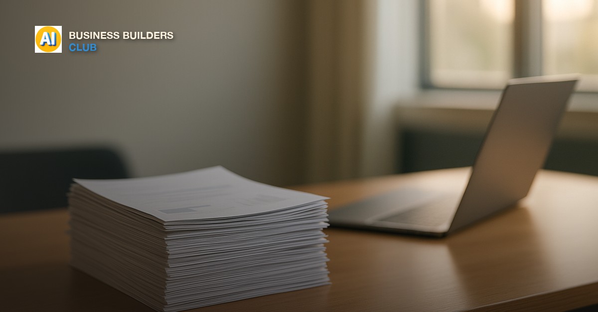 A stack of printed reports beside an open laptop showing a short bulleted summary, soft office light