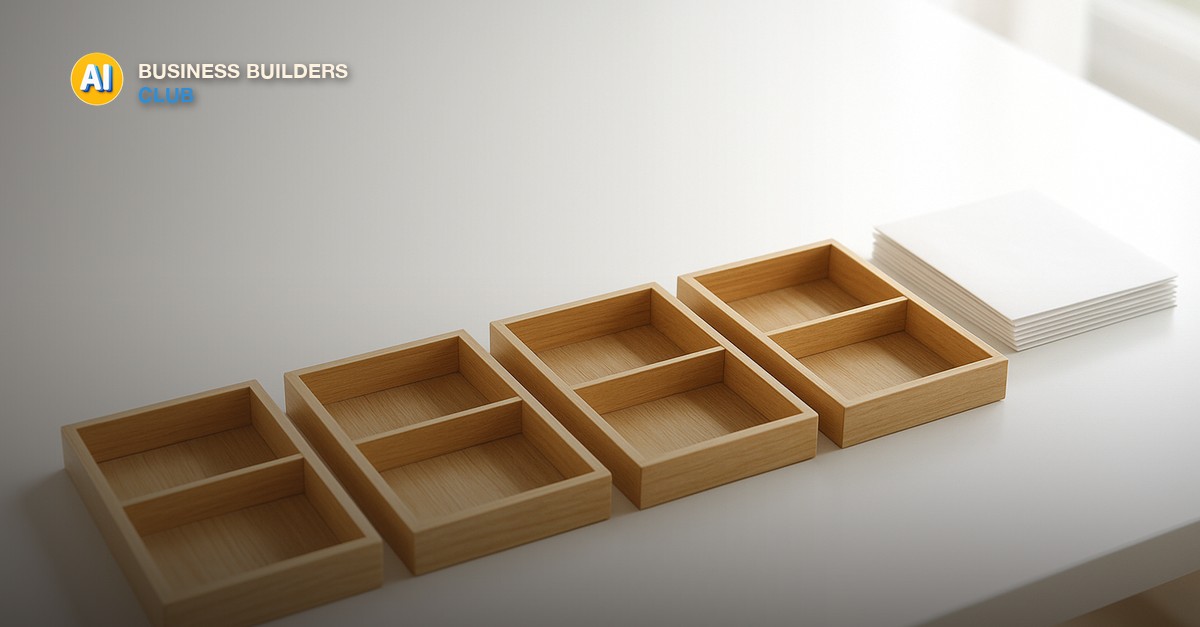 Four empty wooden sorting trays in a row on a bright desk beside a stack of plain envelopes - AI Tools and Training Club