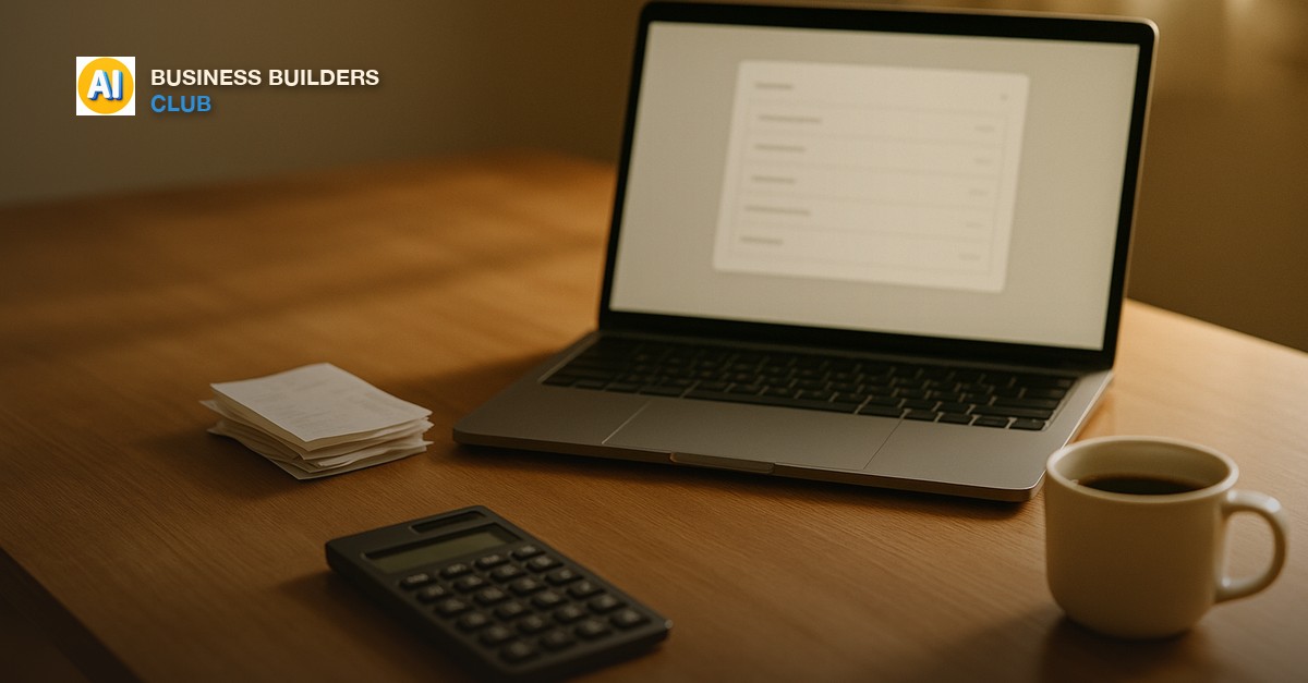 A neat stack of paper receipts beside an open laptop showing a simple expense list on a wooden desk