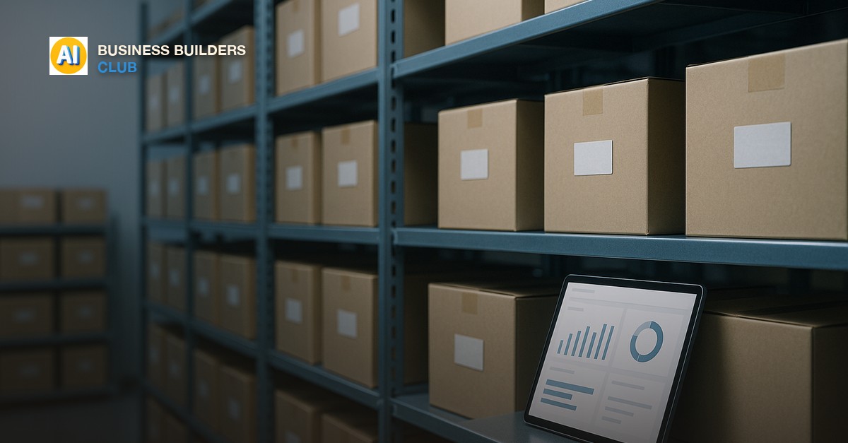 Organized warehouse shelves with labeled boxes and a tablet showing a dashboard in cool industrial light