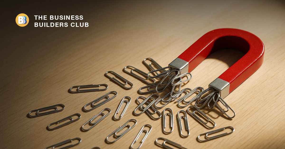A horseshoe magnet attracting metal paperclips, standing in for attracting quality leads