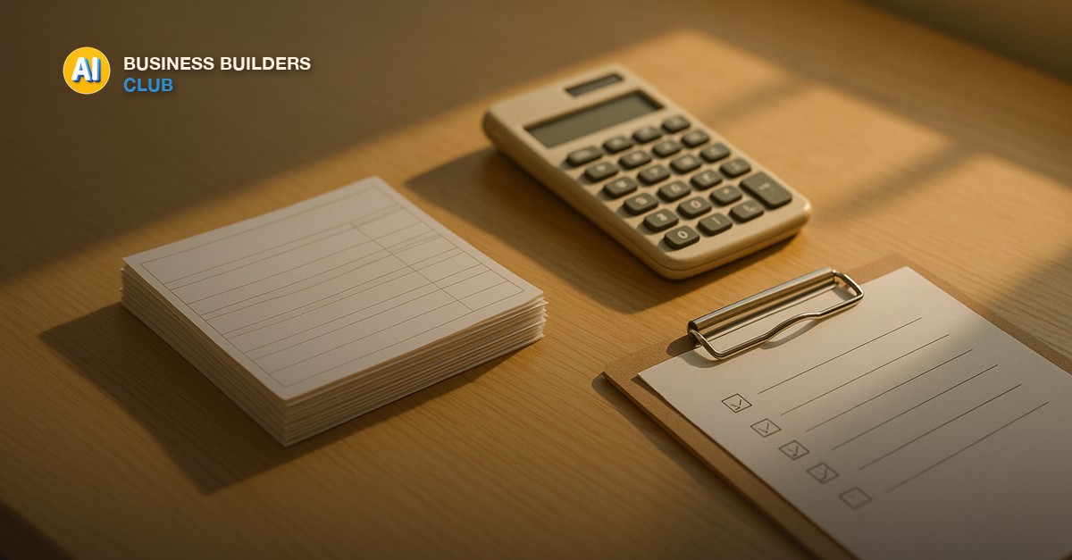 A tidy desk with a stack of neat pay stubs, a calculator, and a checklist clipboard under warm afternoon light