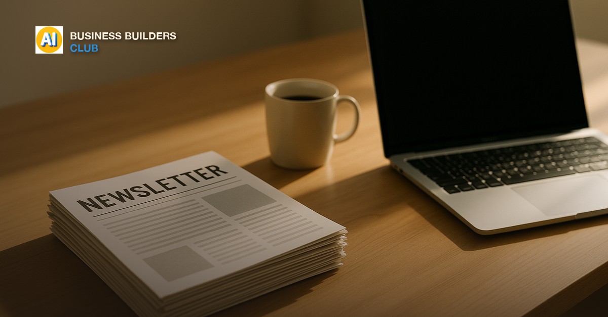Neatly stacked newsletters and an open laptop on a wooden desk in bright morning light with a coffee mug