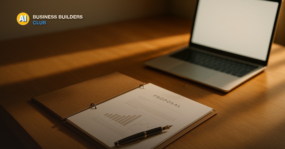 A clean wooden desk with an open proposal binder, a fountain pen resting on crisp white paper with printed charts, a glowing laptop screen, and soft afternoon light casting warm shadows across the workspace - AI Tools and Training Club