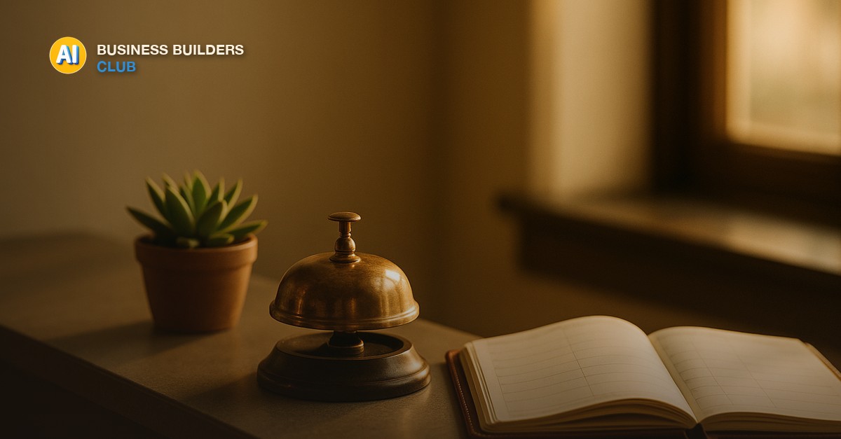A vintage brass desk bell on a reception counter beside a small potted succulent and an open leather-bound appointment book, warm afternoon window light, editorial still life photography