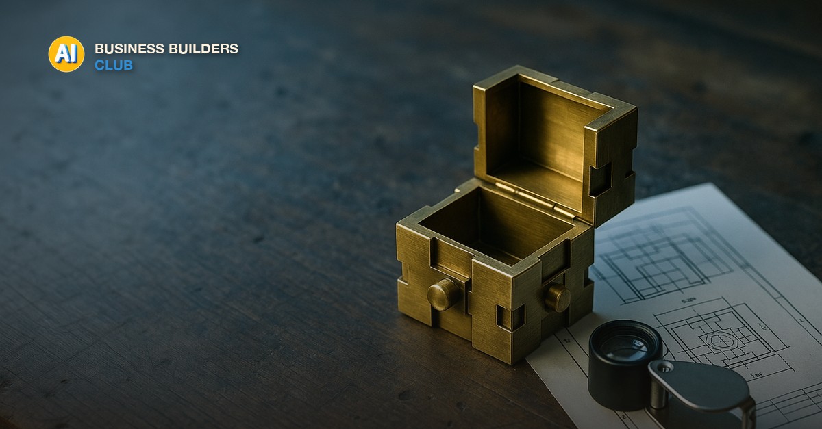 A small brass puzzle-box sitting open on a workbench next to a loupe and a folded technical diagram, cool workshop light