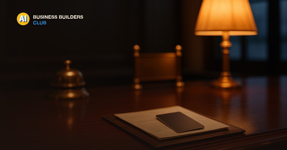 A dark hotel-style check-in counter with brass fixtures, a service bell, and a single key card resting on a leather document folder under warm lamp light