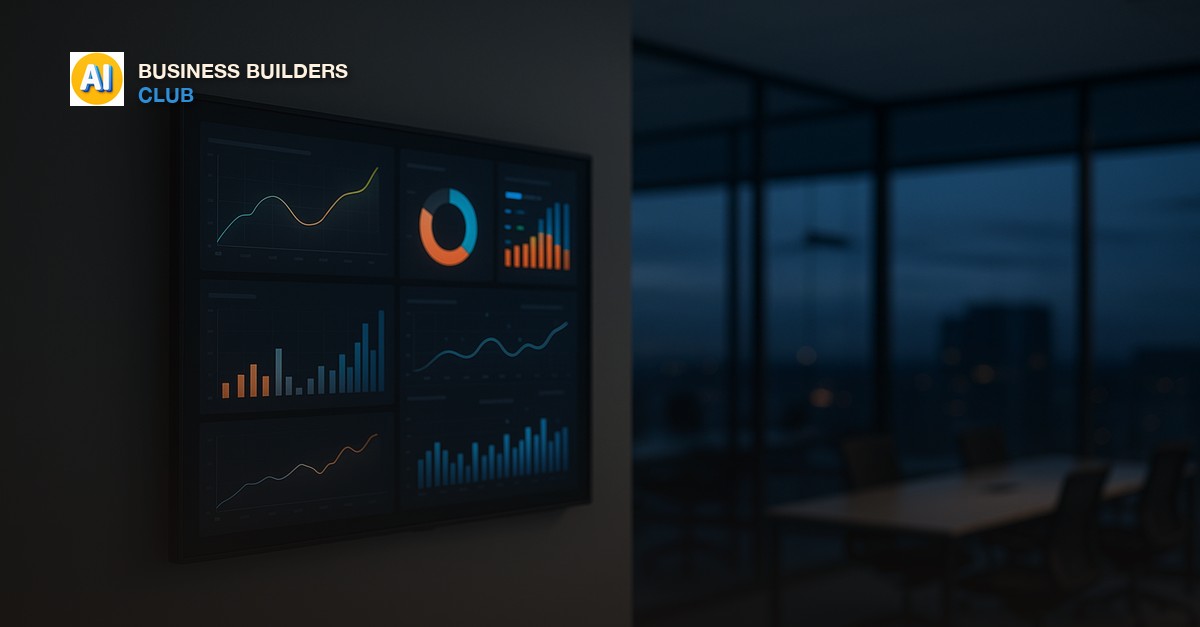 A wall-mounted screen showing simple bar charts in a small office, morning light
