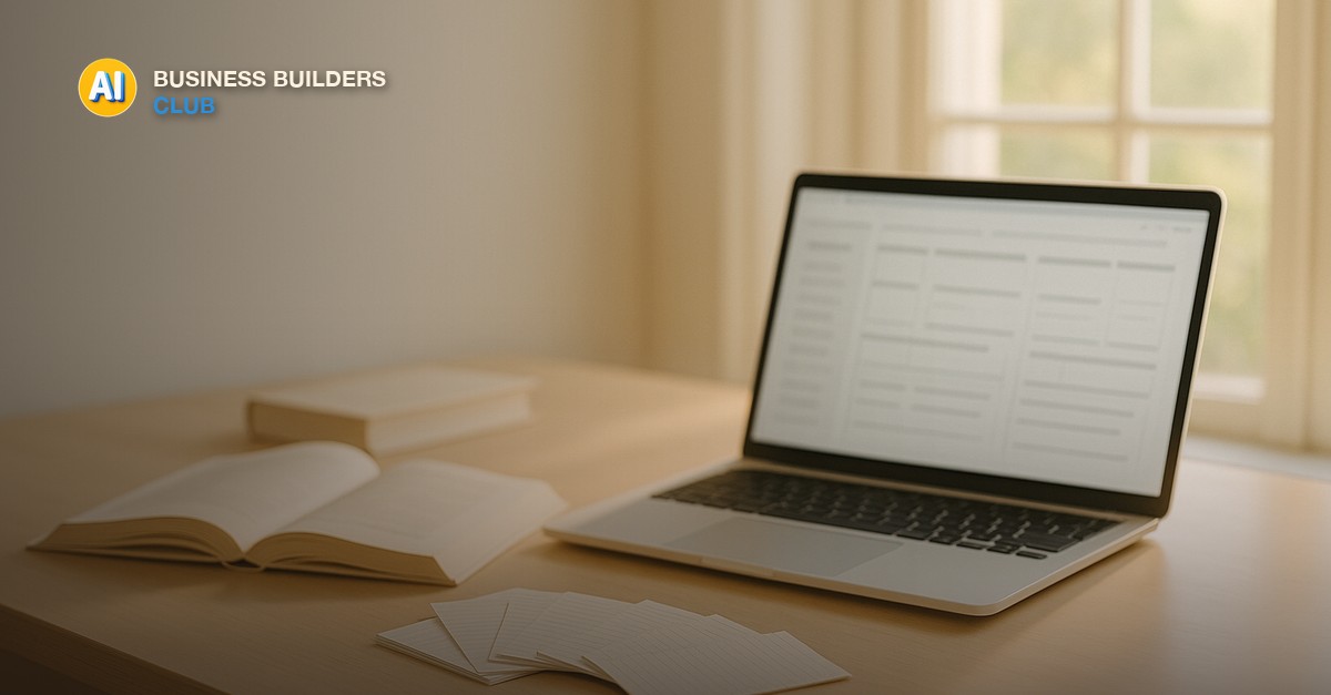 A bright home office desk with open books, index cards fanned out, a glowing laptop screen, and warm morning light through tall windows - AI Tools and Training Club