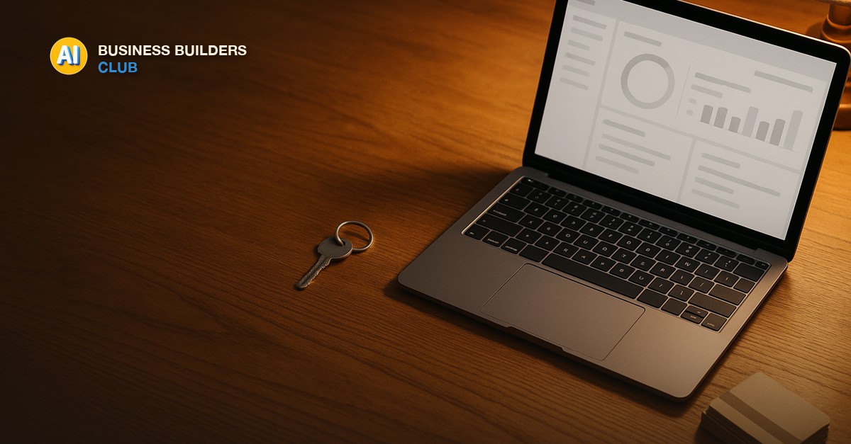 A wooden workshop desk with a key ring, a laptop showing a clean dashboard, and a stack of membership cards under warm amber lamp light - AI Tools and Training Club