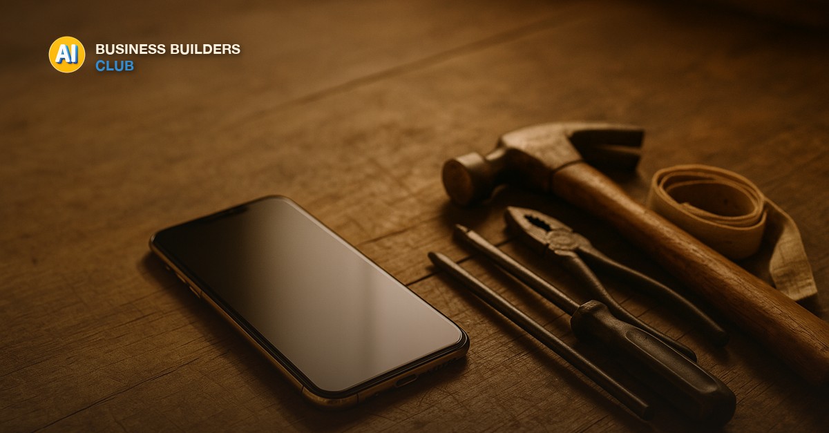 A smartphone lying face-up on a wooden workbench next to a small pile of hand tools and a rolled measuring tape, warm workshop light