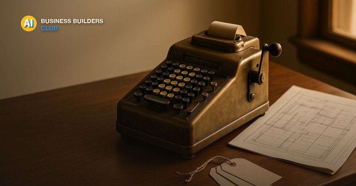 A vintage brass adding machine on a walnut desk beside a folded blueprint and a small stack of blank price tags, warm afternoon window light, editorial still life photography - AI Tools and Training Club