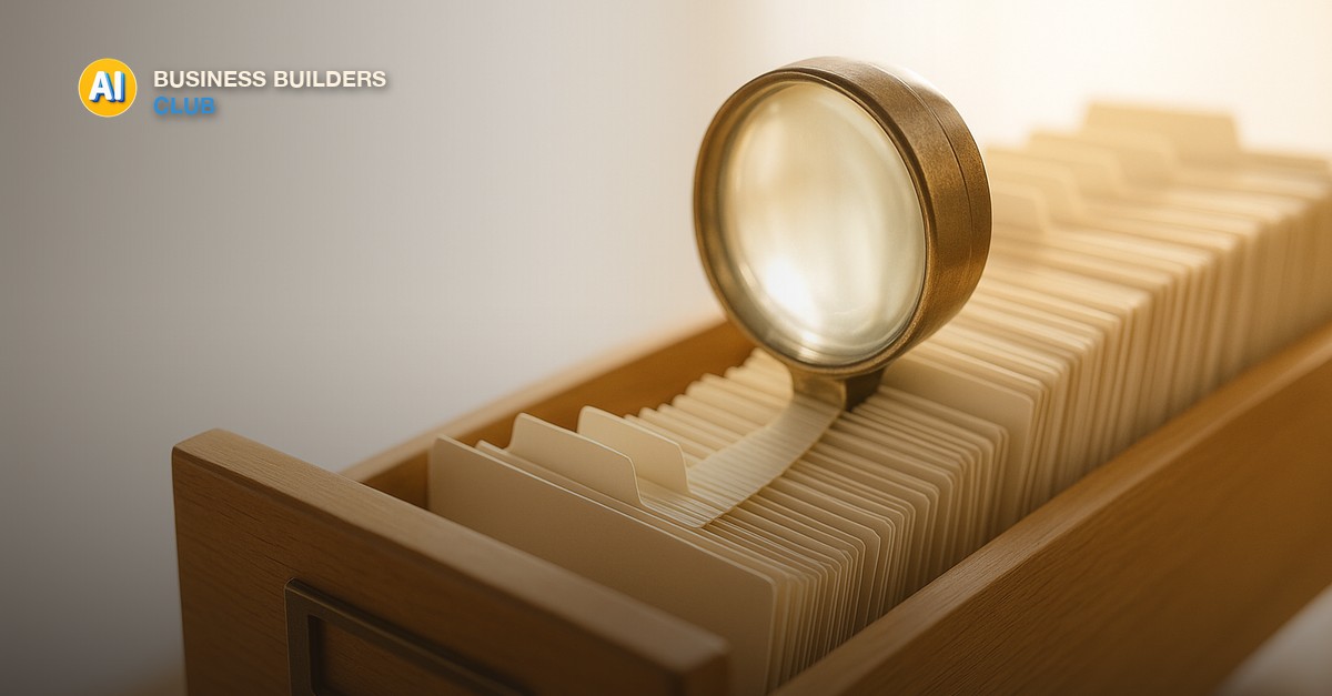 An open card catalog drawer with neatly labeled index cards feeding into a glowing glass lens, warm bright airy lighting, clean negative space, macro still life photography - AI Tools and Training Club