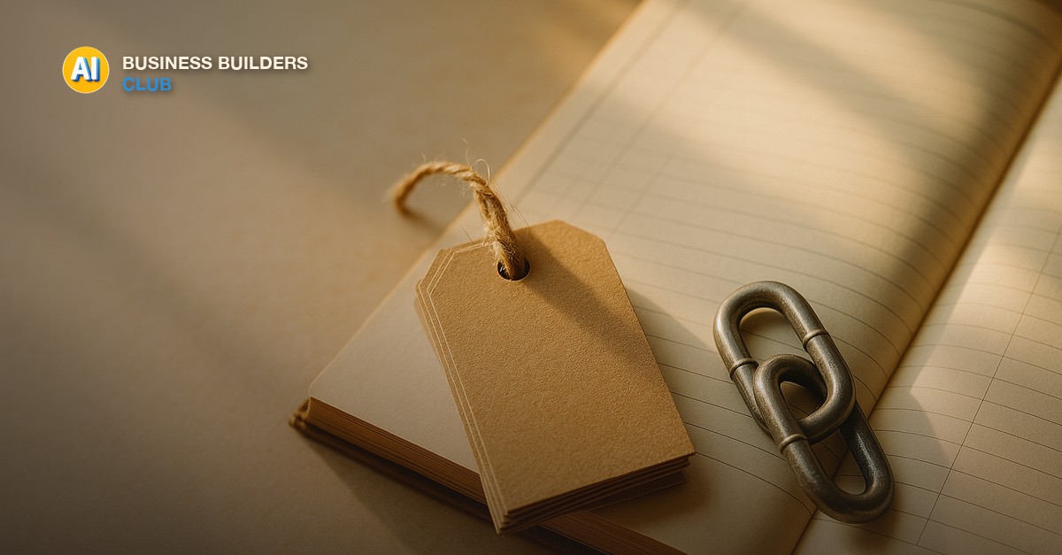 A small bundle of blank kraft-paper gift tags tied together with twine, beside two interlocking metal chain links and an open blank ledger book, warm afternoon window light, editorial still life photography