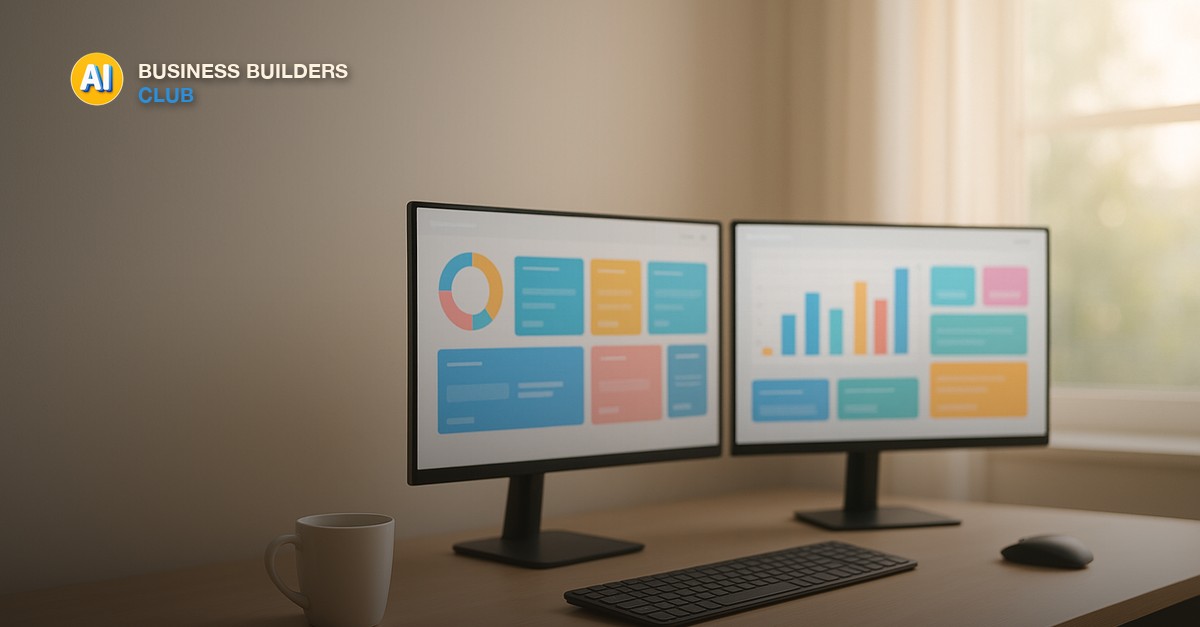 A clean desk with two monitors showing a colorful dashboard interface, a coffee cup, and soft morning light through a window