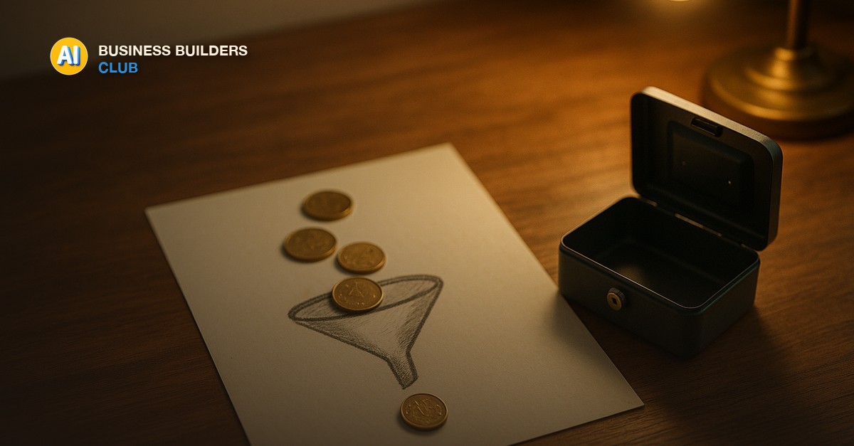 A wooden desk with a hand-drawn funnel sketch on paper, four brass coins descending a row toward a small open cash tin beside a warm desk lamp - AI Tools and Training Club