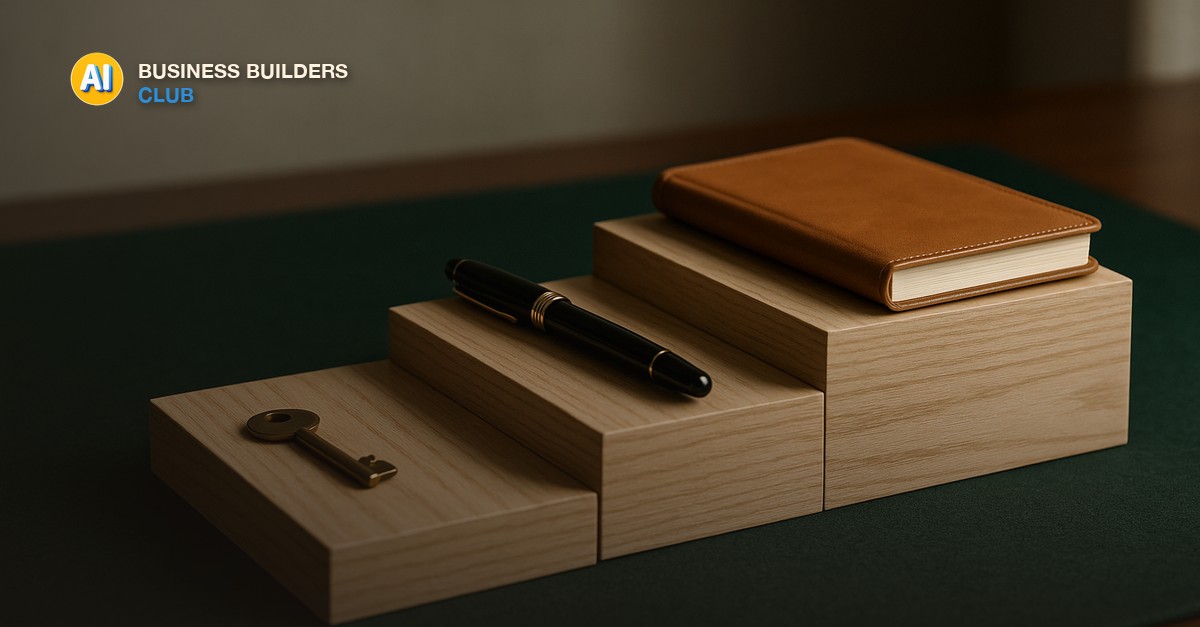 Three pale ash wooden step blocks rising left to right on a deep green felt desk mat, a small brass key on the lowest step, a black fountain pen on the middle step, and a closed tan leather notebook on the tallest step in soft window light - AI Tools and Training Club