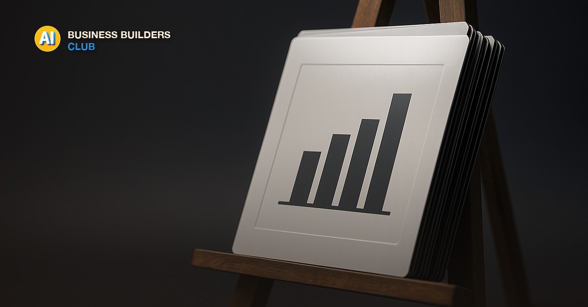 A minimalist stack of glossy printed slide boards leaning against each other on an easel, one showing a simple bar chart silhouette, moody studio lighting