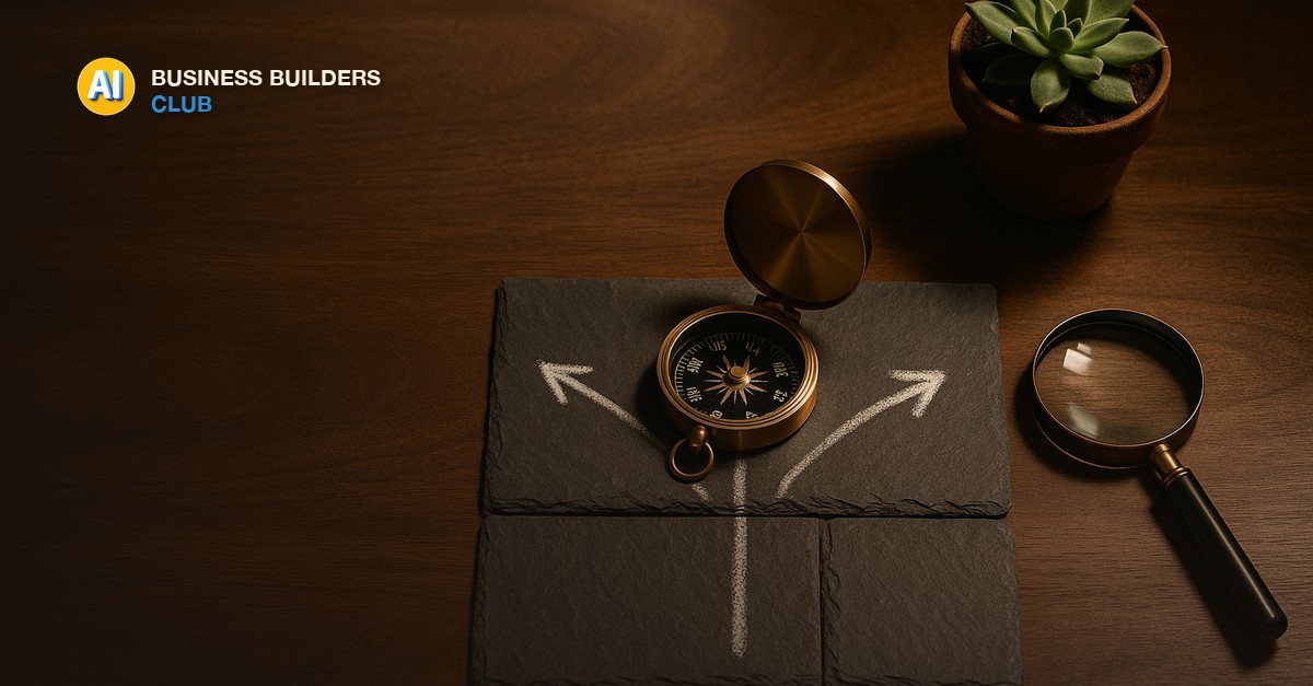 An overhead view of a dark walnut table with a brass compass at center, diverging chalk paths sketched on slate tiles, and a magnifying glass under warm light - AI Tools and Training Club