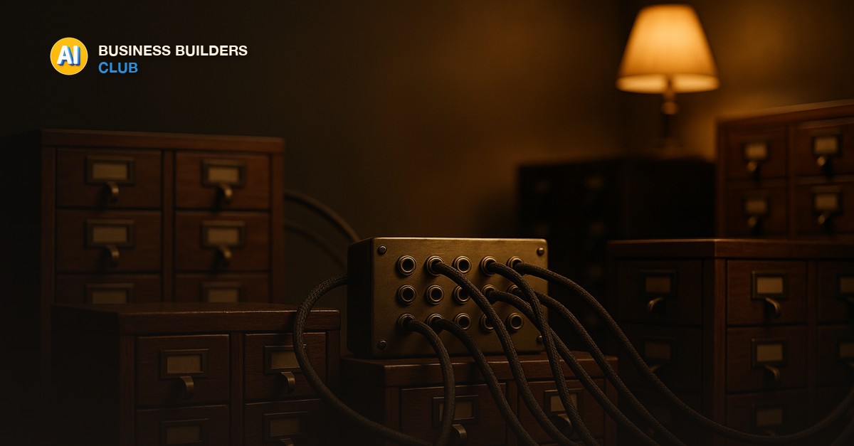 A brass patch bay joining wooden card-index cabinets with woven cables, lit by a warm desk lamp - AI Tools and Training Club