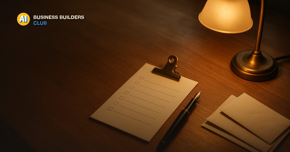 A warm wooden desk in soft morning light with a printed checklist held by a brass clip, a fountain pen, a stack of envelopes, and a glowing desk lamp - AI Tools and Training Club
