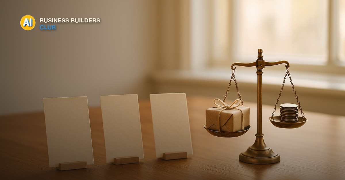 A warm wooden desk with three handwritten price cards in a row beside a brass balance scale weighing a wrapped gift box against a stack of coins - AI Tools and Training Club