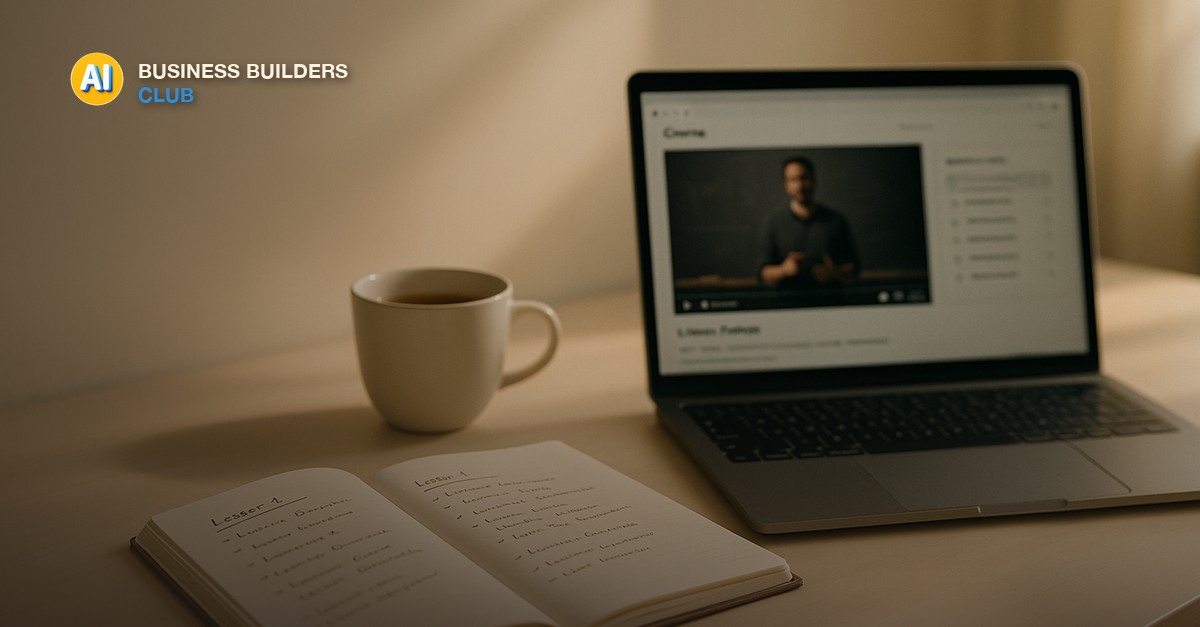 An open notebook with handwritten lesson outlines beside a laptop showing a course video interface, a cup of tea, and soft afternoon light on a clean desk - AI Tools and Training Club