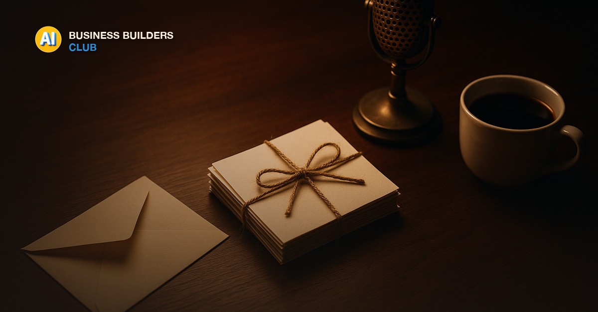A small stack of blank thank-you cards tied with twine on a dark walnut desk, an open cream envelope, a vintage brass desk microphone and a cup of black coffee, in warm evening lamp light - AI Tools and Training Club