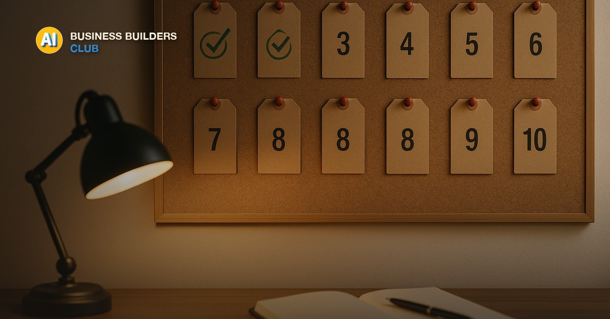 A cork pinboard with ten numbered paper tags pinned in rows, the first three stamped with green checks, above a desk lamp, notebook, and pen - AI Tools and Training Club
