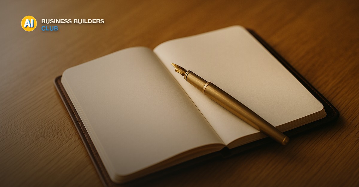 A single open leather-bound notebook lying on a plain oak desk with a brass fountain pen resting diagonally across the page, soft warm window light
