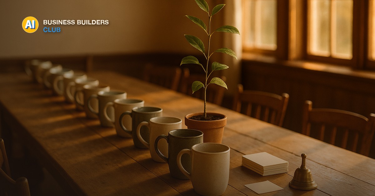 A long farmhouse table with a row of mismatched ceramic mugs, a young potted sapling in the center, a stack of blank name cards and a small brass bell, in warm late-afternoon golden window light - AI Tools and Training Club
