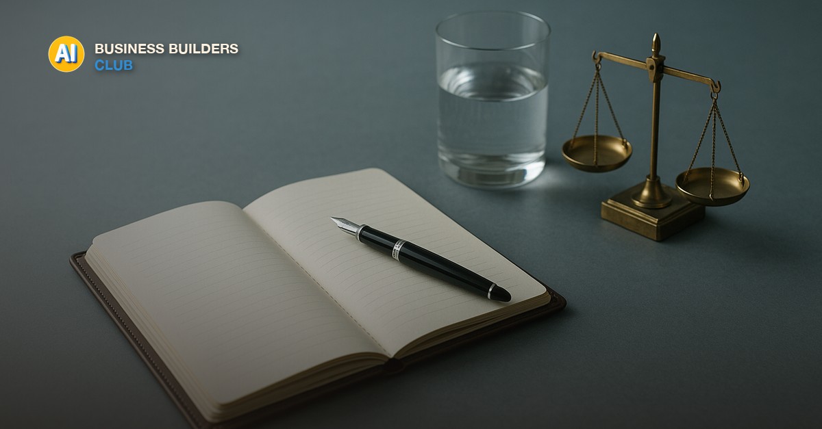 An open leather notebook with a black fountain pen on a slate-grey desk, a glass of water and a small brass balance scale beside it, in cool crisp overcast daylight - AI Tools and Training Club