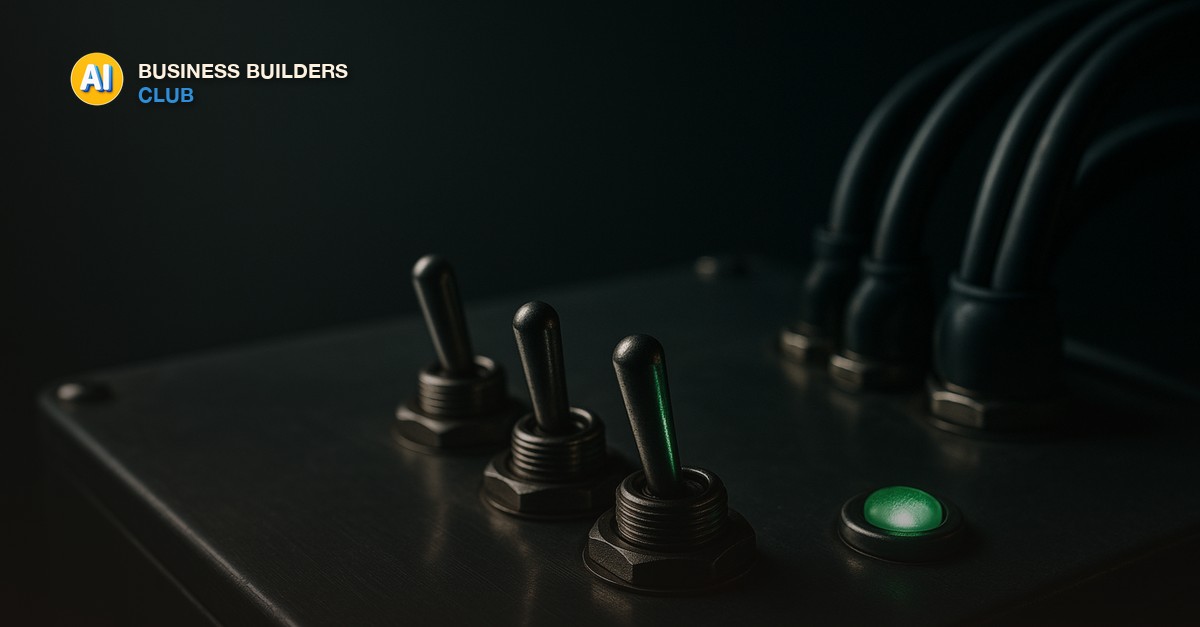 An industrial control panel with sturdy metal toggle switches and a single steady green status light, redundant backup cables neatly routed, moody directional studio lighting, macro still life photography - AI Tools and Training Club