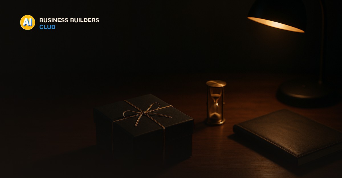 A matte black gift box tied with a thin gold ribbon on a dark walnut desk, a small brass hourglass and a closed leather notebook beside it, lit by a single amber desk lamp - AI Tools and Training Club