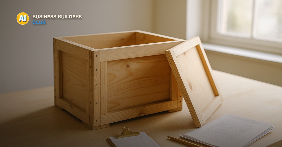 An empty wooden shipping crate with its lid leaning beside it on a pale oak workbench, a stack of paper order slips in a brass clip, a folded blueprint and a pencil, in bright morning window light - AI Tools and Training Club